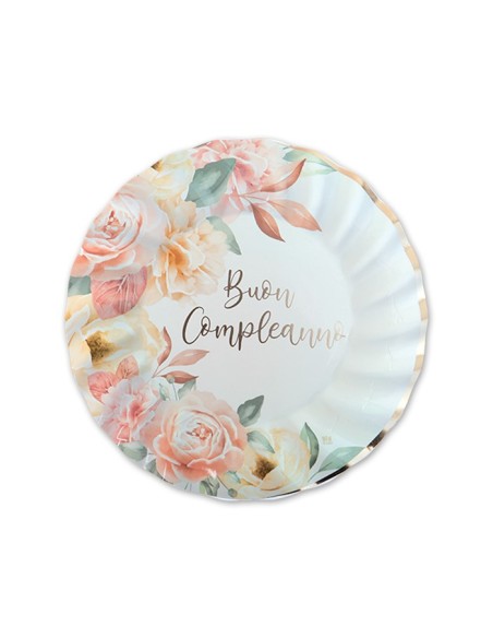 PIATTO CARTA 18CM. BUON COMPLEANNO ROSE GOLD 8PZ - L'Officina