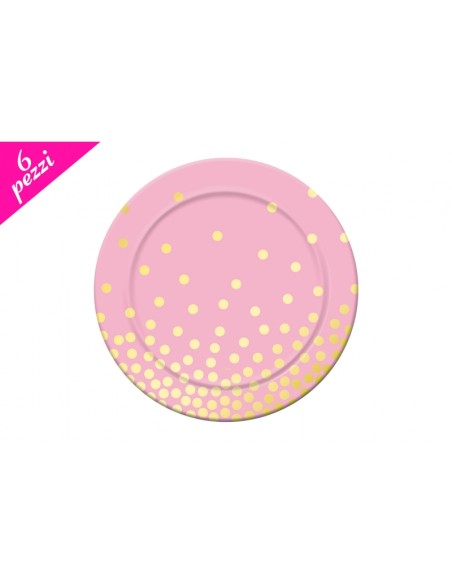 PIATTO CARTA ROSA POIS ORO 6PZ 18CM - L'Officina delle feste