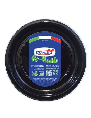 PIATTO PLASTICA RIUTILIZZABILE Ø 22CM NERO 25PZ - L'Officina