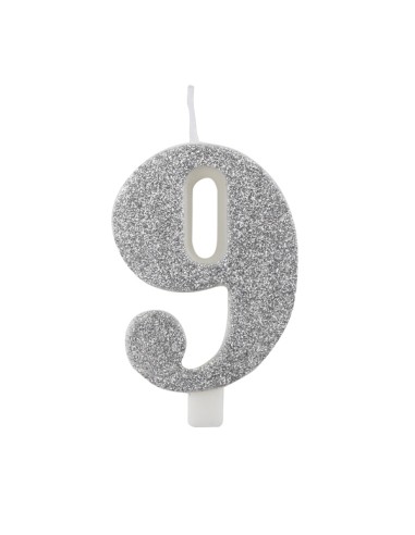 CANDELA GLITTER ARGENTO N° 9 CM. 9,5 H. - L'Officina delle feste