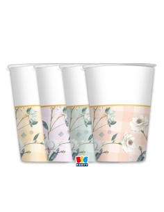 8 BICCHIERI CARTA 200CC FLORAL VICHY BORDO ORO METAL -