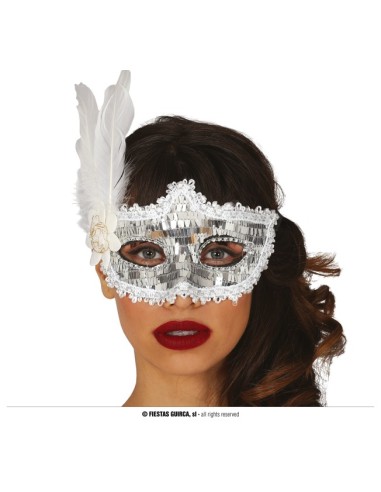 MASCHERA ARGENTO CON PIUME BIANCHE