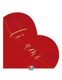 16 TOVAGLIOLI 33X33 CUORE ROSSO SCRITTA TI AMO ORO METAL -