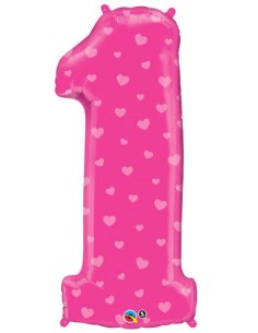 PALLONE MYLAR 38" 1 COMPLEANNO FUCSIA CON CUORI ROSA 96cm -