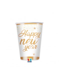 6 BICCHIERI CARTA 250CC HAPPY NEW YEAR DECORI ORO METAL -