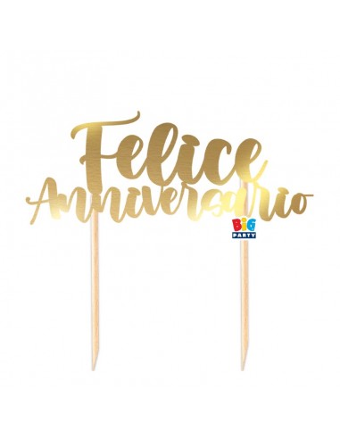 TOPPER CAKE FELICE ANNIVERSARIO 20X16 ORO METAL - L'Officina