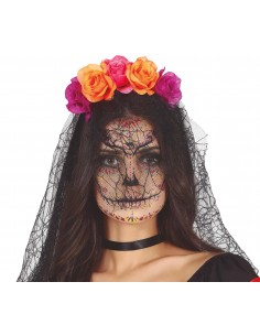 CERCHIETTO FIORI VIOLA E ARANCIONI CON VELO - L'Officina delle