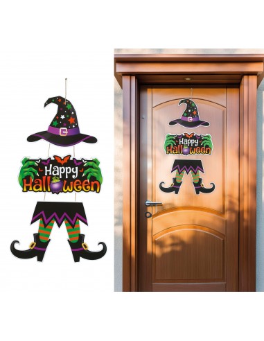 DECORO HAPPY HALLOWEEN IN 3 PARTI STREGA 55 CM LEGNO