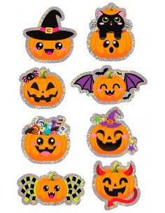 FOGLIO ADESIVI ASSORTITI ZUCCHE HALLOWEEN OLOGRAFICI 1PZ -