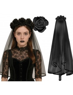 CERCHIETTO CON VELO E FIORI NERI