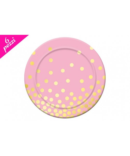 PIATTO CARTA ROSA POIS ORO 6PZ 23CM