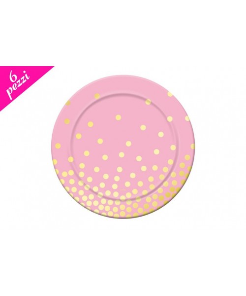 PIATTO CARTA ROSA POIS ORO 6PZ 18CM