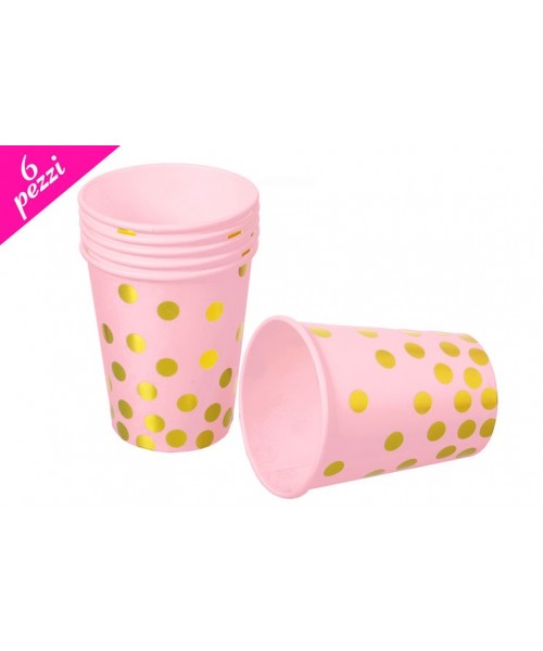 BICCHIERE CARTA ROSA POIS ORO 6PZ