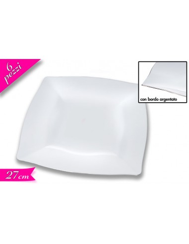 SET 6 PIATTI 27X27CM BIANCHI CON BORDO ARGENTO - L'Officina