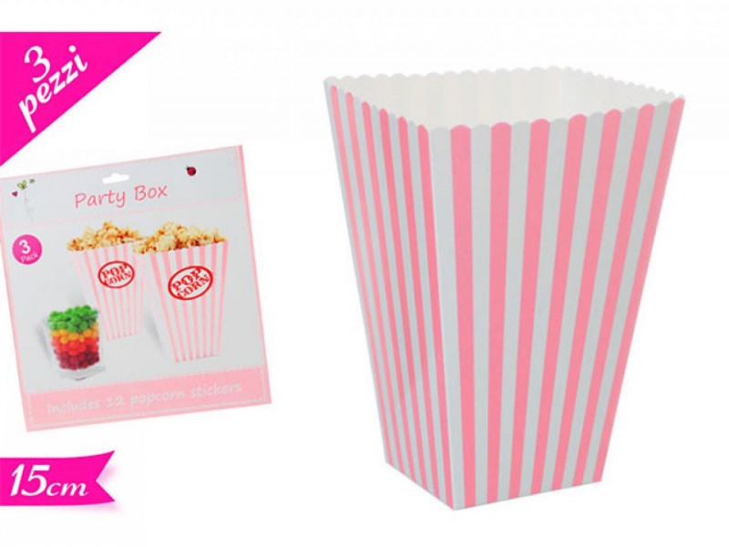 BOX POP CORN 3PZ ROSA RIGHE CM.15X6,5X5,5