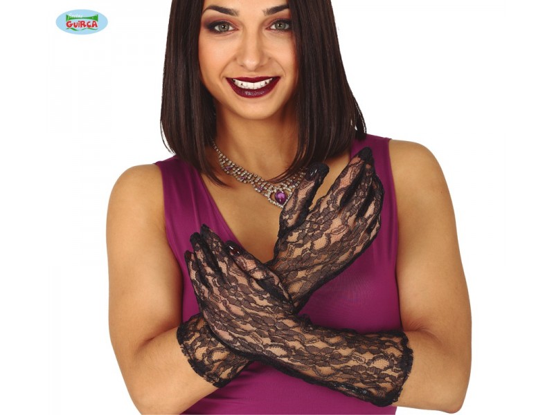 PAIO GUANTI RICAMATI NERI EFFETTO PIZZO 36 CM