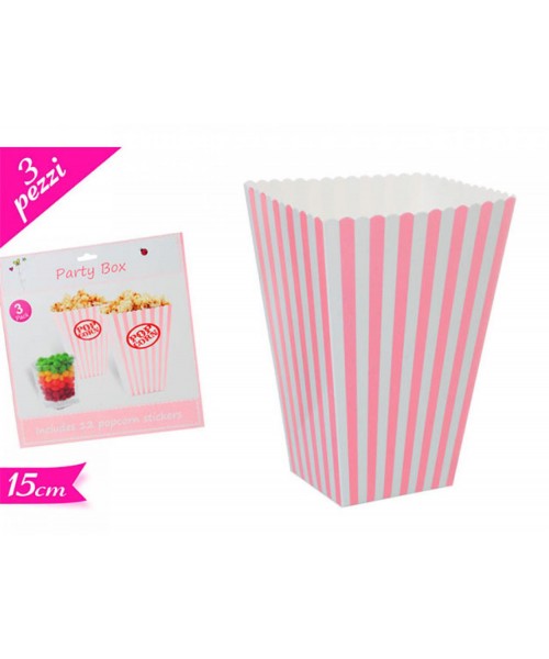 BOX POP CORN 3PZ ROSA RIGHE CM.15X6,5X5,5 2